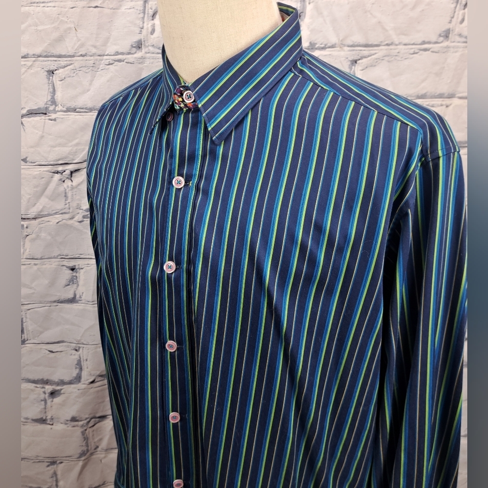 Robert Graham Mens Button Down Shirt Green Blue Striped Flip Cuff Classic Fit XL - Picture 7 of 16